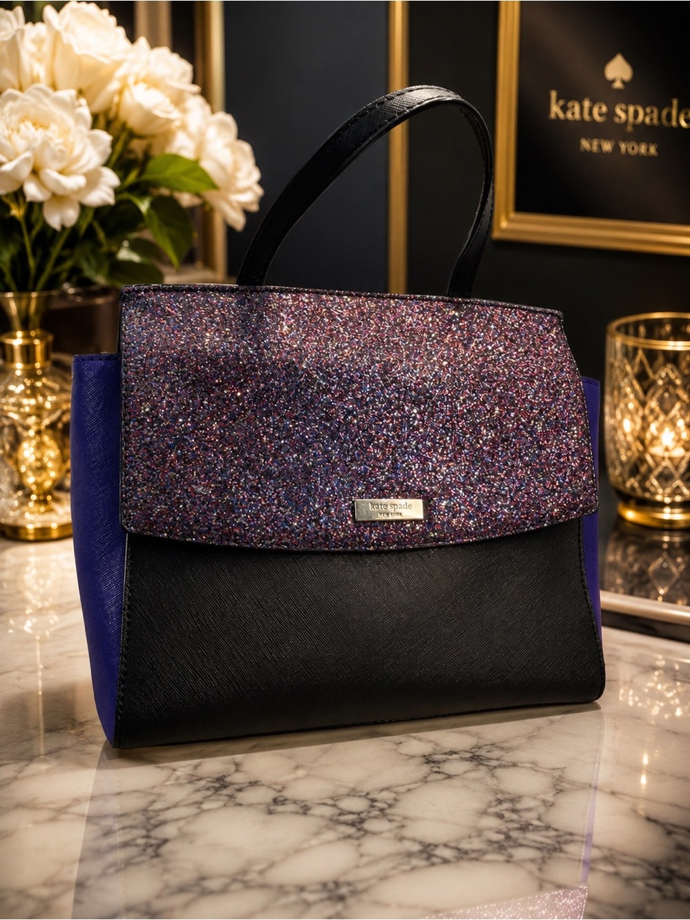 Kate Spade New York Glitter Colorblock Satchel Handbag Black Purple Sparkle